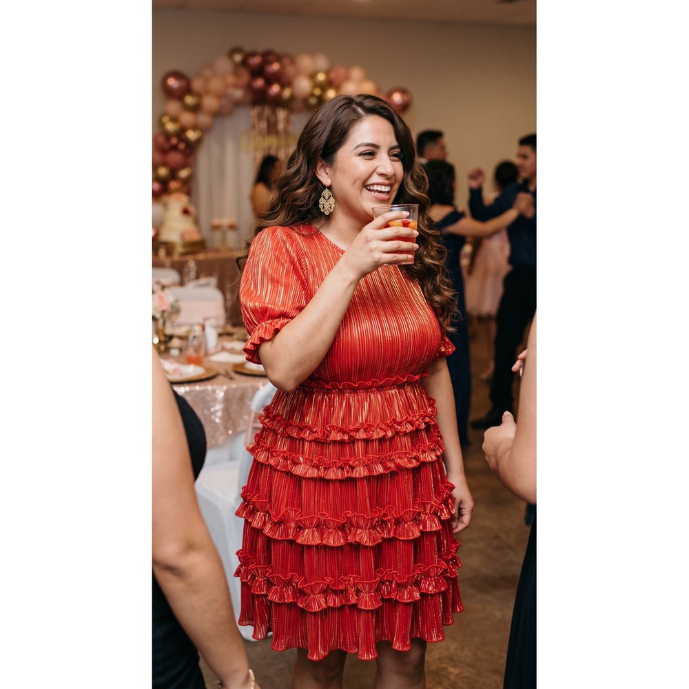 Halogen x Atlantic-Pacific Silver Ruffle Plissé Dress AS SEEN ON Wendy William S